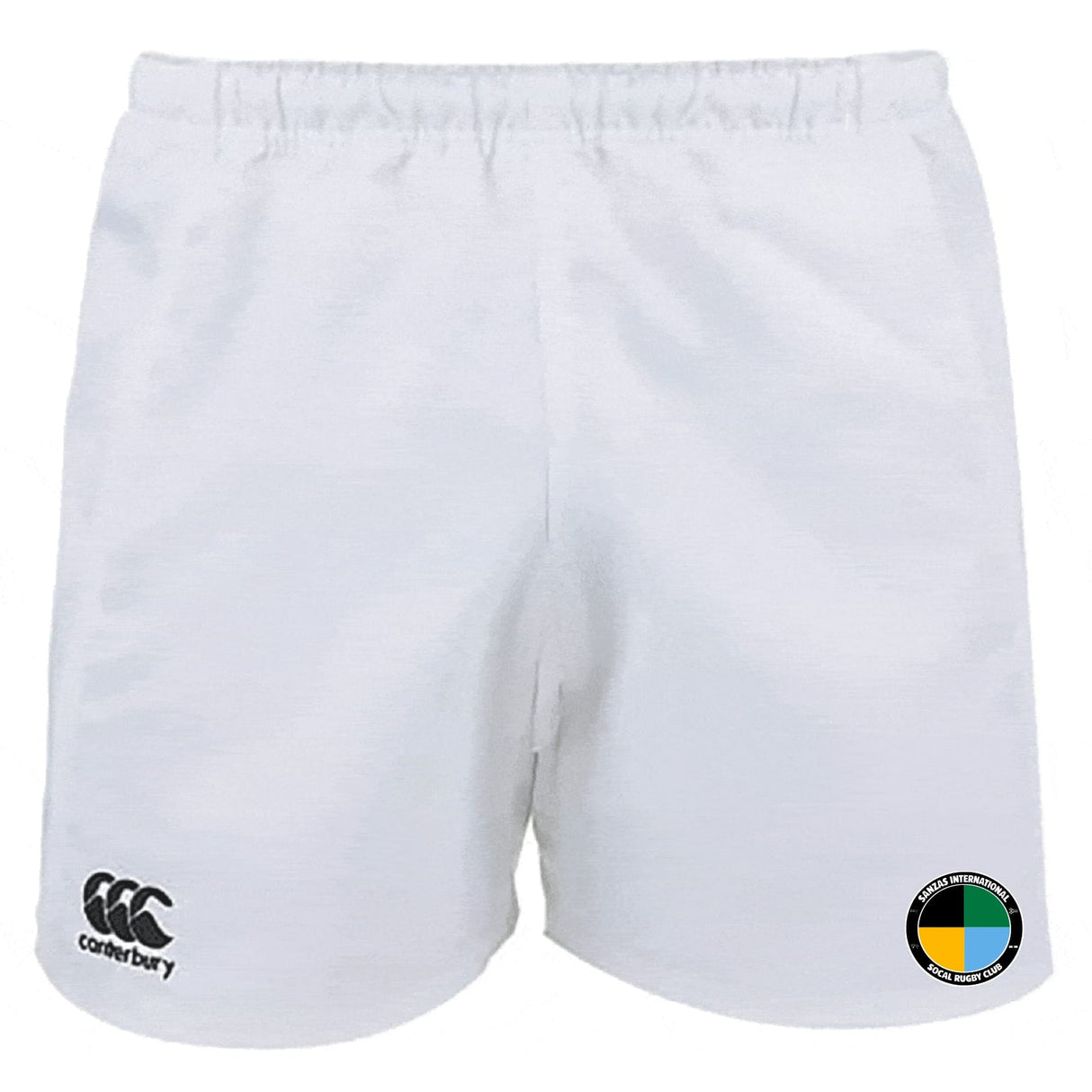The SOCAL SANZAS RFC Advantage Rugby Shorts by EMB Canterbury feature an elastic waistband, classic Canterbury logo on the left leg, a multicolored patch on the right, and are made with moisture-wicking fabric for comfort.