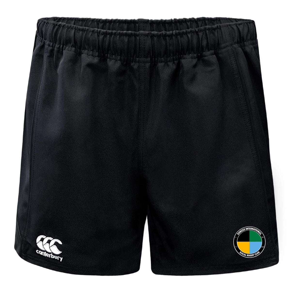 The SOCAL SANZAS RFC Advantage Rugby Shorts by EMB Canterbury are black, feature a white logo on the left leg and round colored patch on the right, and are moisture-wicking for peak rugby performance.