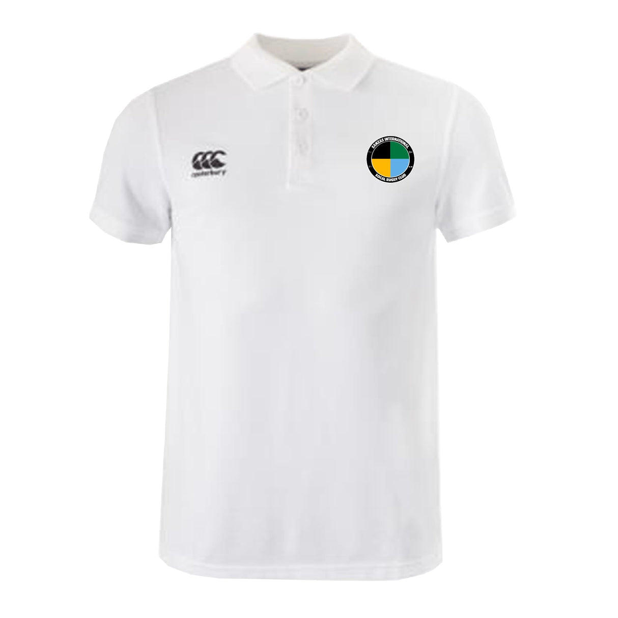 Show your support as a rugby fan with the SOCAL SANZAS RFC Waimak Polo by EMB Canterbury. This white polo features a black Canterbury logo on the right chest and a colorful circular logo on the left chest.