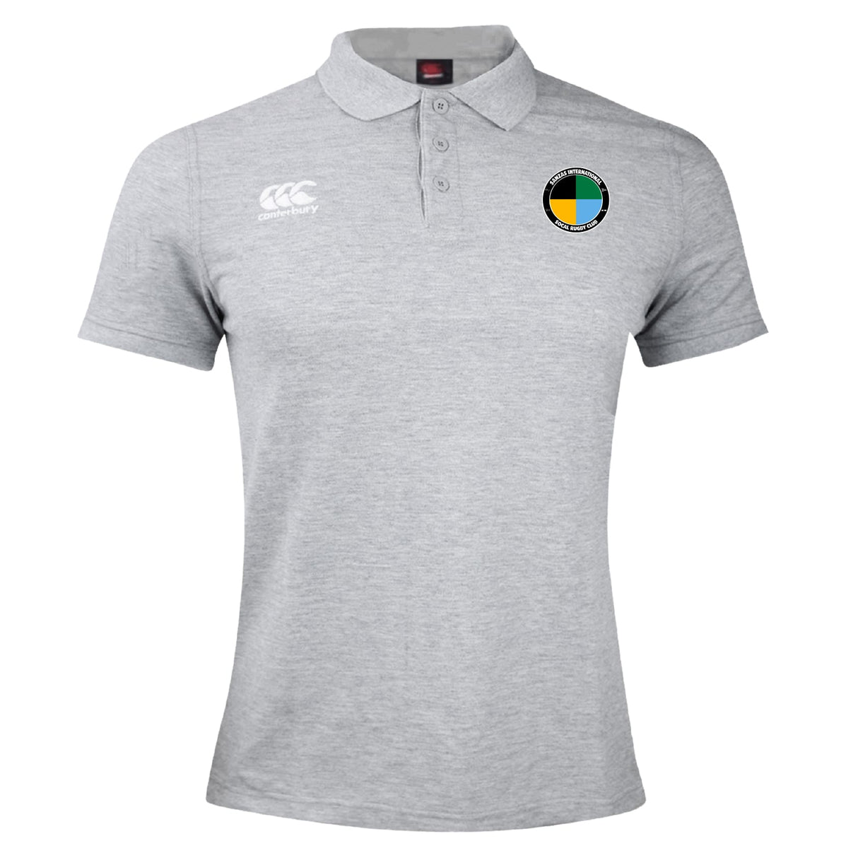 The SOCAL SANZAS RFC Waimak Polo by Canterbury features light grey, short sleeves, a three-button collar, and a white CCC logo with a multicolored badge—perfect for rugby fans. Brand: EMB Canterbury.