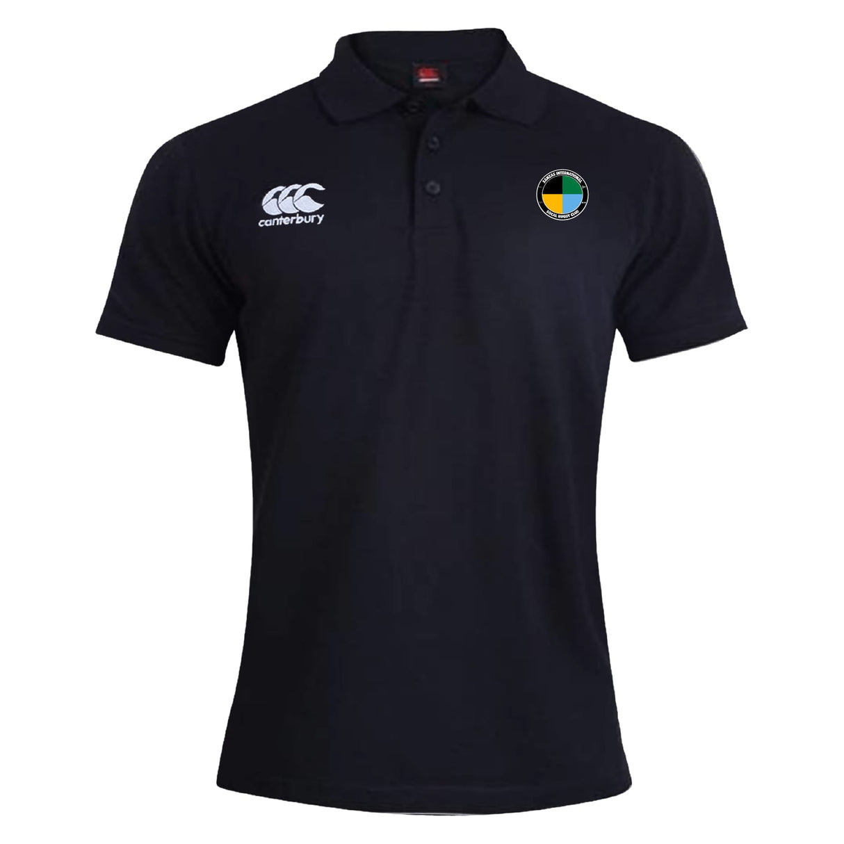 The SOCAL SANZAS RFC Waimak Polo by EMB Canterbury is a black short-sleeve polo with a collar, white "Canterbury" logo on the right chest, and a multicolored circular emblem on the left—ideal for rugby fans.
