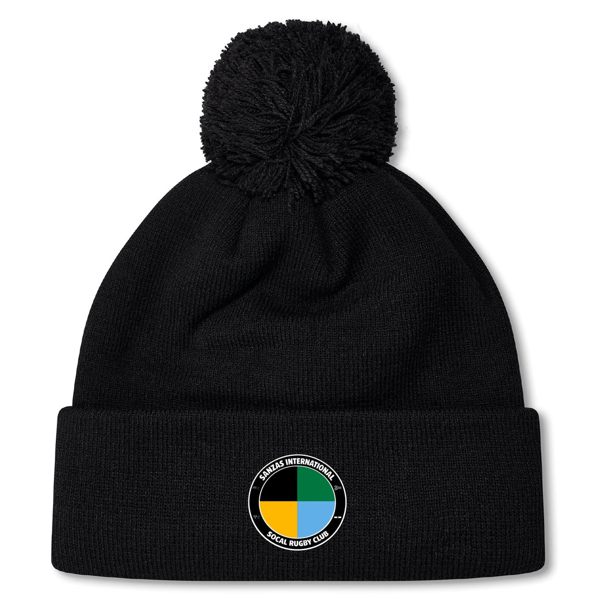The SOCAL SANZAS RFC Pom Pom Beanie by EMB Canterbury is a black rugby hat with a pom-pom and a circular patch on the brim, featuring colored segments and "Las Vegas Invitational Social Rugby Club" text.