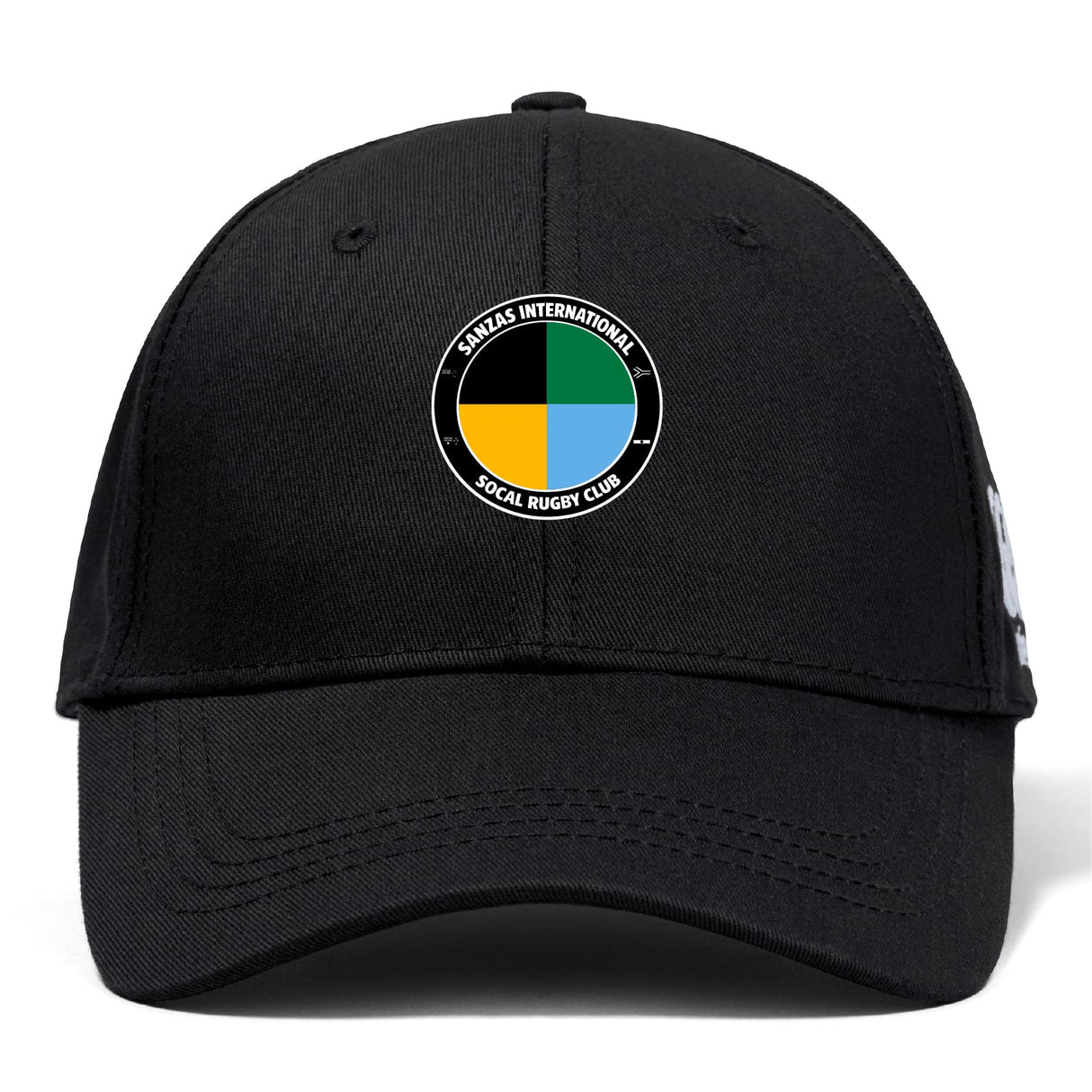 The SOCAL SANZAS RFC Flexfit Drill Cap by EMB Canterbury is a black cap with a circular embroidered logo in black, yellow, green, and blue labeled "Savages International SoCal Rugby Club.