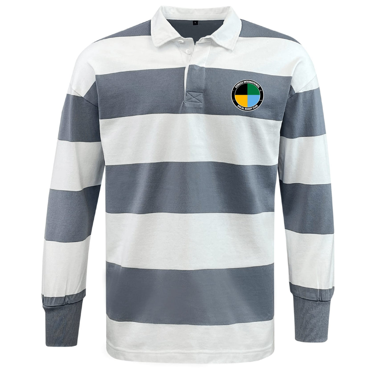 The EMB Mudoo SOCAL SANZAS RFC Classic Long Sleeve Hooped Rugby Jersey features wide white and gray stripes and a green, yellow, and black circular patch on the left chest for timeless rugby style.