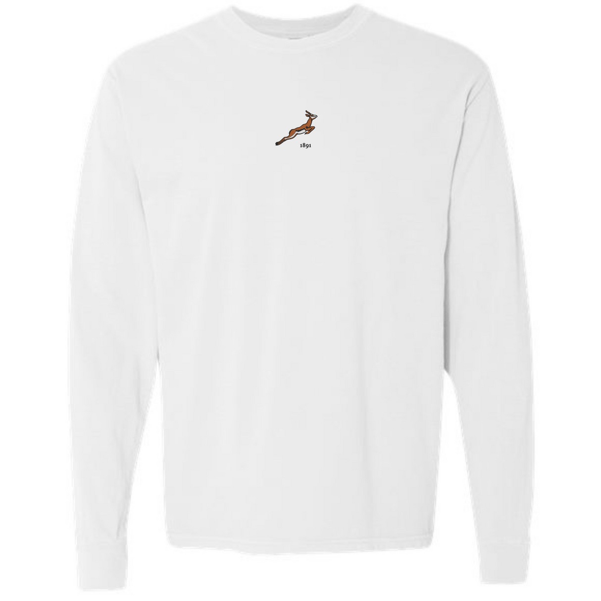 The EMB S&S Activewear South Africa Vintage Long Sleeve Comfort Tee features a chest graphic of a leaping gazelle and "Hy," inspired by South Africa.