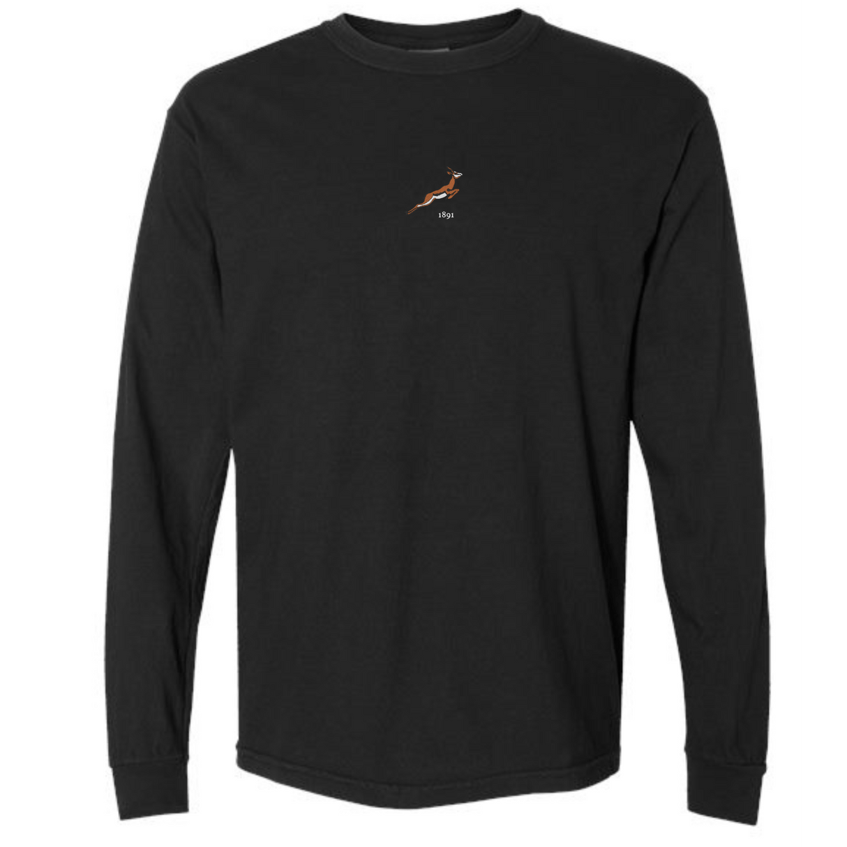 The EMB S&S Activewear South Africa Vintage Long Sleeve Comfort Tee is a black top with a small leaping antelope graphic—an iconic South African symbol—and the word "sky" on the chest.
