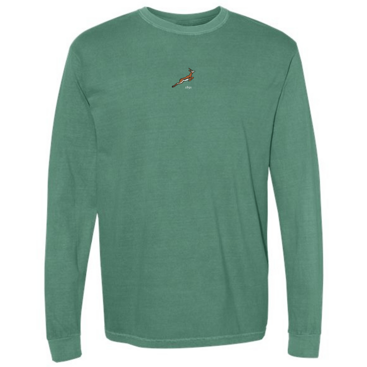 The EMB S&S Activewear South Africa Vintage Long Sleeve Comfort Tee in green features a small, simple red and white graphic centered on the chest.