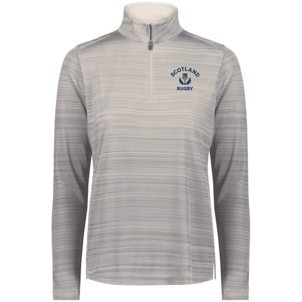 The EMB Augusta Women's Nations of Rugby Scotland Pursuit 1/4 Zip Pullover features light gray long sleeves, subtle stripes, moisture-wicking fabric, and a "Scotland Rugby" logo on the left chest.