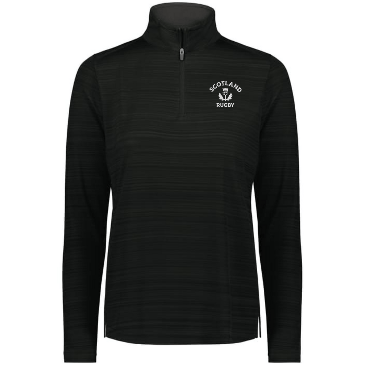 The EMB Augusta Women's Nations of Rugby Scotland Pursuit 1/4 Zip Pullover is a black, moisture-wicking top with "Scotland Rugby" and a thistle logo on the left chest for comfort and style.