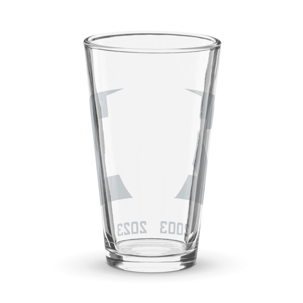 A 16 oz shaker pint glass with "PF 300" etched on its surface, isolated on a white background.
