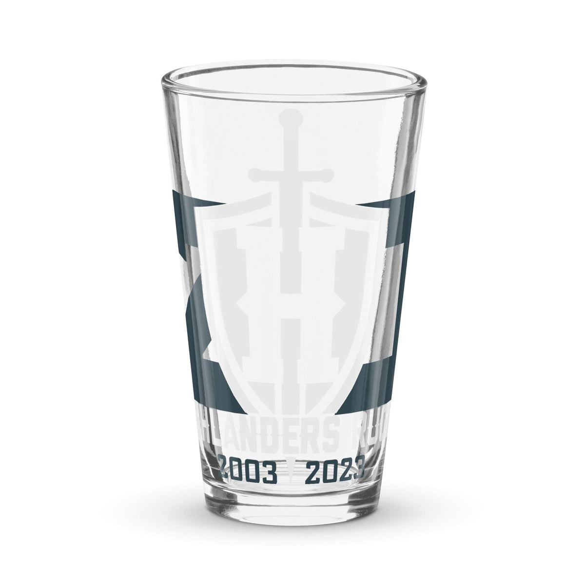 PF Shaker pint glass with a printed emblem featuring a cross and shield, flanked by stripes, and text "highlanders 2003 2023" on a white background.