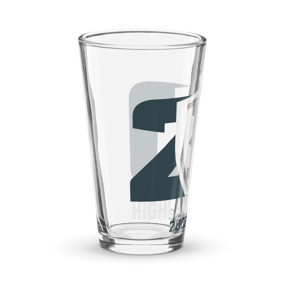 PF's Transparent 16 oz shaker pint glass with a gray and white abstract design and the text "higham 2023" on the side.