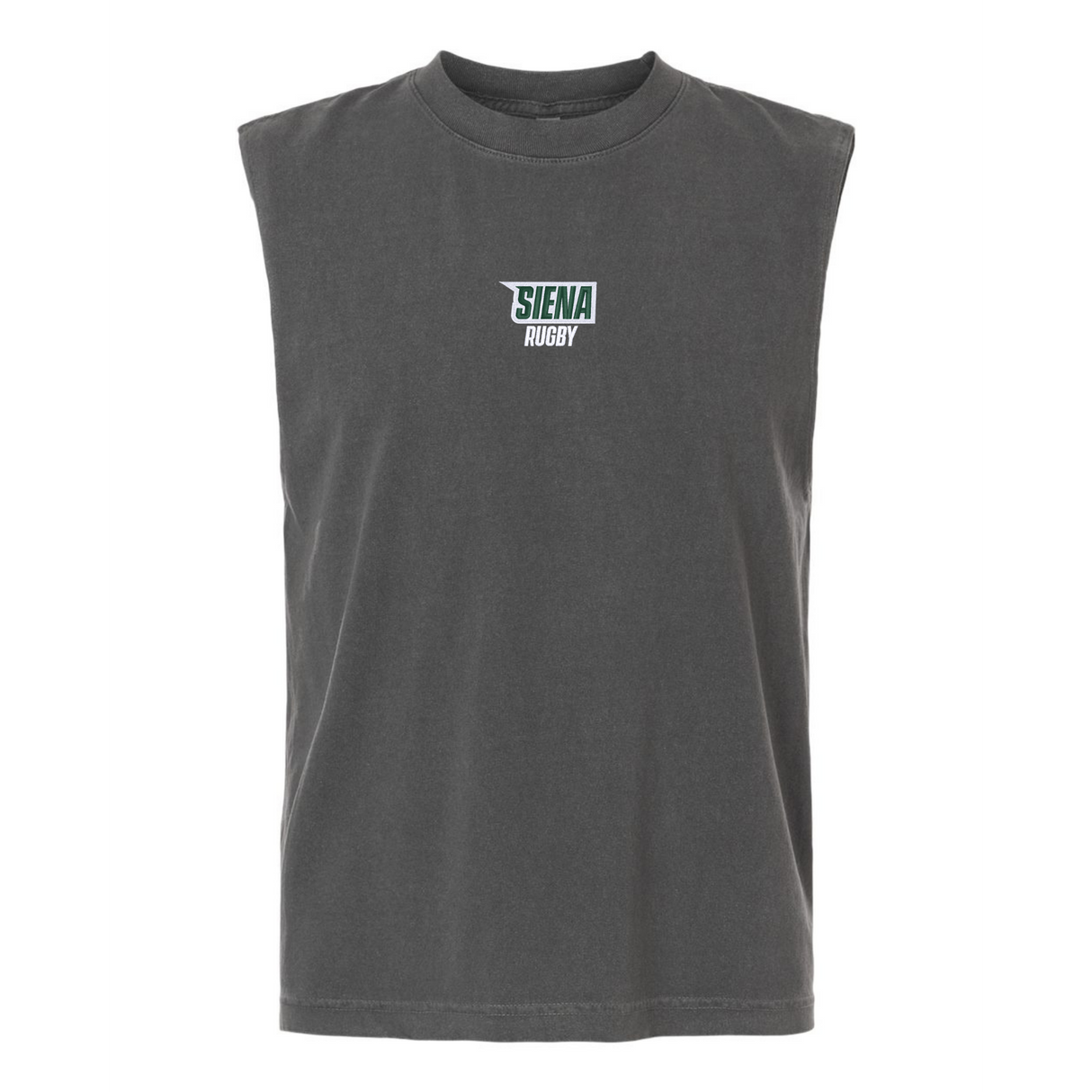 The EMB S&S Activewear Siena College Rugby Unisex Muscle Tee, made from heavyweight dark gray cotton, features “Siena College Rugby” in white and green on the chest and is shown against a white background.