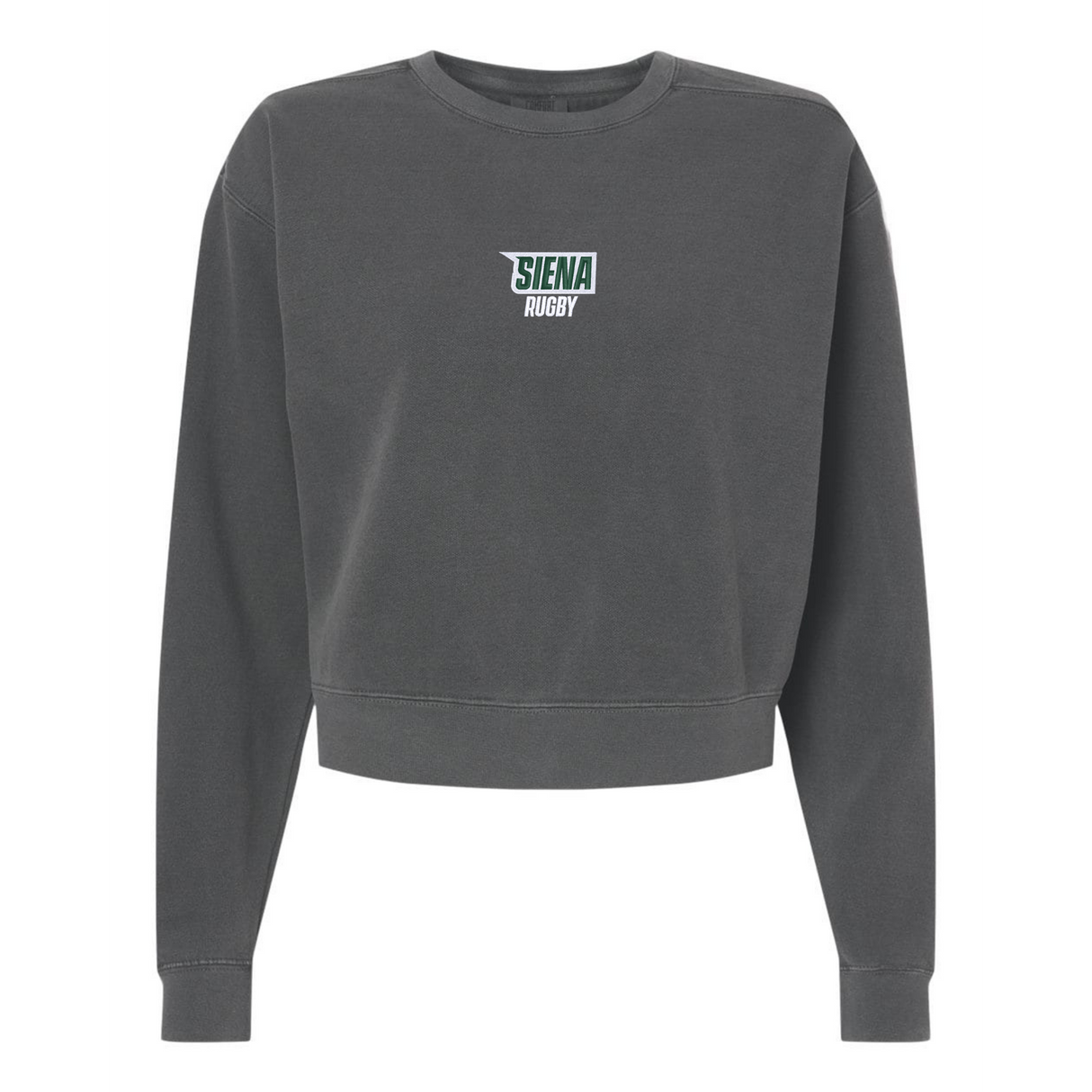 The Women's Siena College Rugby Mid-Length Crewneck Sweatshirt by EMB S&S Activewear is a dark gray, long-sleeve top featuring "Siena Rugby" in white and green across the chest.