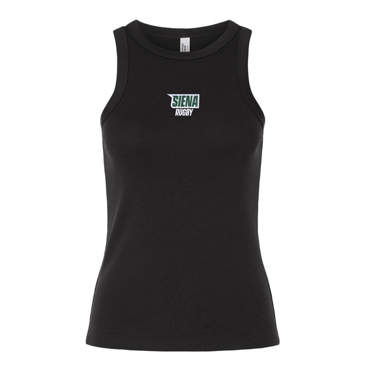 The EMB S&S Activewear Women's Siena College Rugby Baby Rib Tank features a white and green "Siena Rugby" logo on the chest—perfect for showing your team pride.
