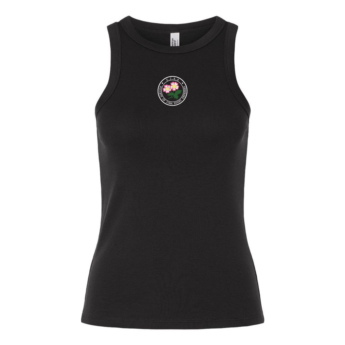 The Society of Iowa Rugby Referees Women’s Baby Rib Tank by EMB S&S Activewear is a black sleeveless top featuring a small circular floral graphic with three pink flowers and green leaves on the chest, offering classic style perfect for any casual look.