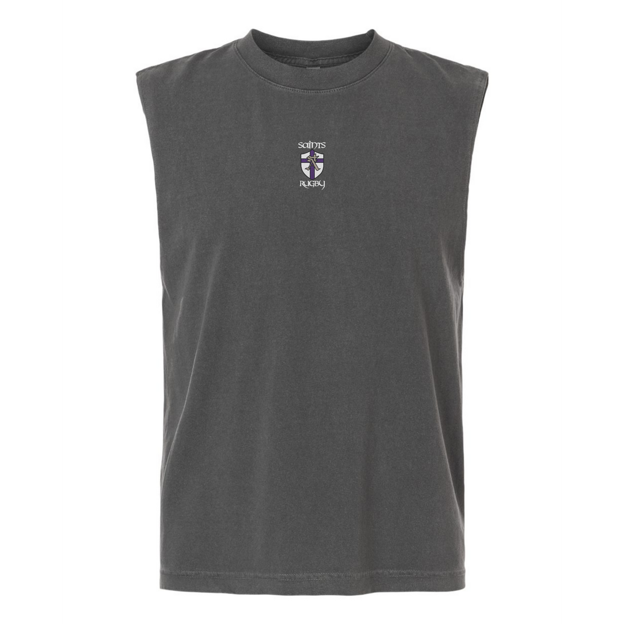 The St. Augustine High School Rugby Unisex Muscle Tee by EMB S&S Activewear is a sleeveless black heavyweight cotton top with a small "Saints Rugby" logo and crest on the chest, shown on a plain white background—ideal for school rugby fans.