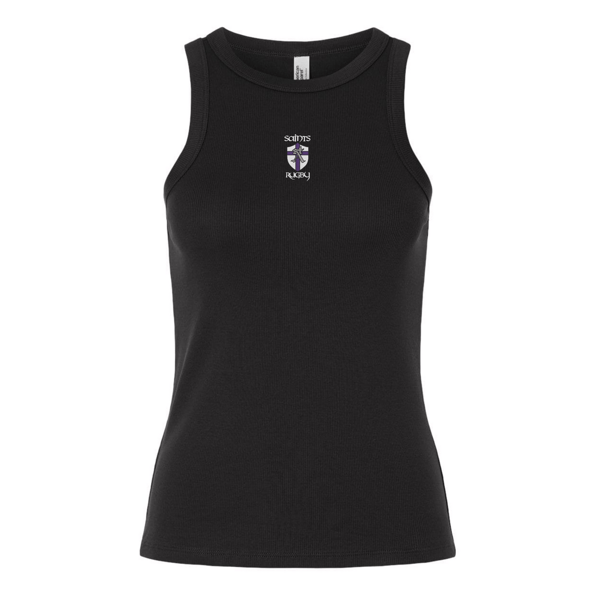 The EMB S&S Activewear Women's St. Augustine High School Rugby Baby Rib Tank is a sleeveless black top with a small “Saints Rugby” logo and crest on the chest—ideal for showing your school pride.