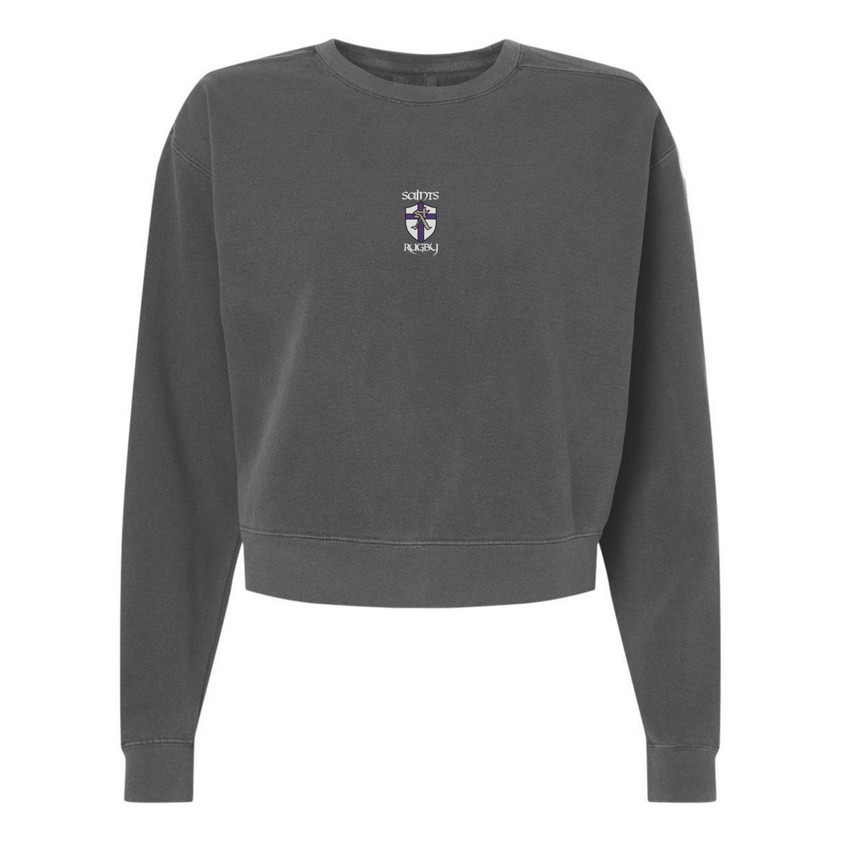 The EMB S&S Activewear Women's St. Augustine High School Rugby Mid-Length Crewneck Sweatshirt features a dark gray design with long sleeves and a "Saints Rugby" crest on the chest, perfect for displaying your school spirit.