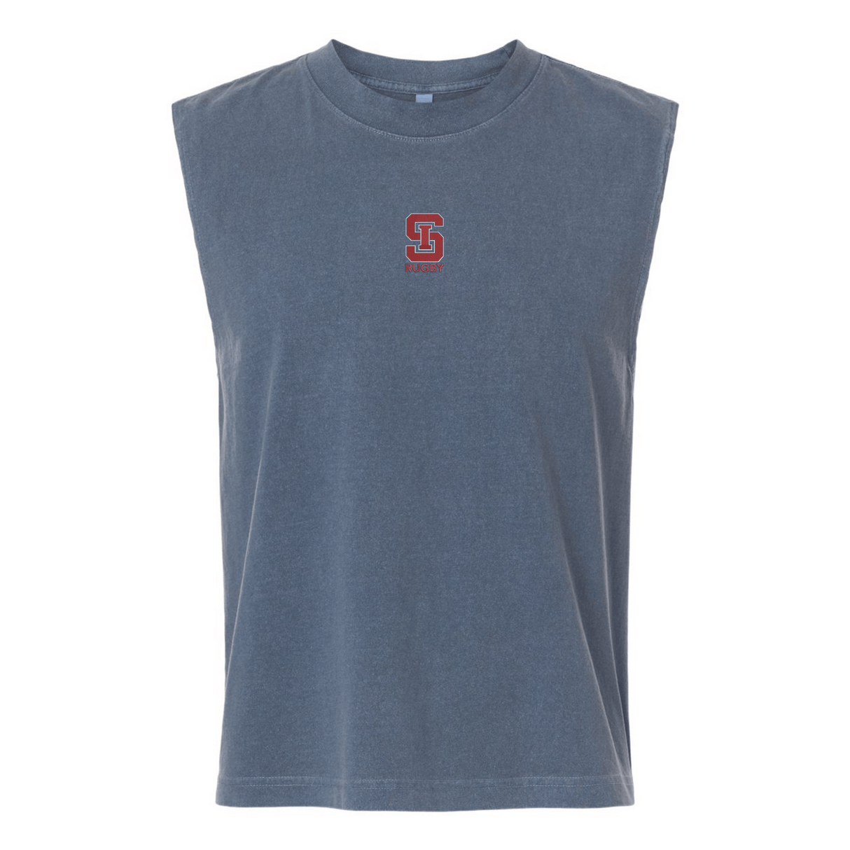 The St. Ignatius Rugby Unisex Muscle Tee by EMB S&S Activewear is a sleeveless blue-gray heavyweight cotton top, garment-dyed and featuring a small red and white "SC RUGBY" chest logo.
