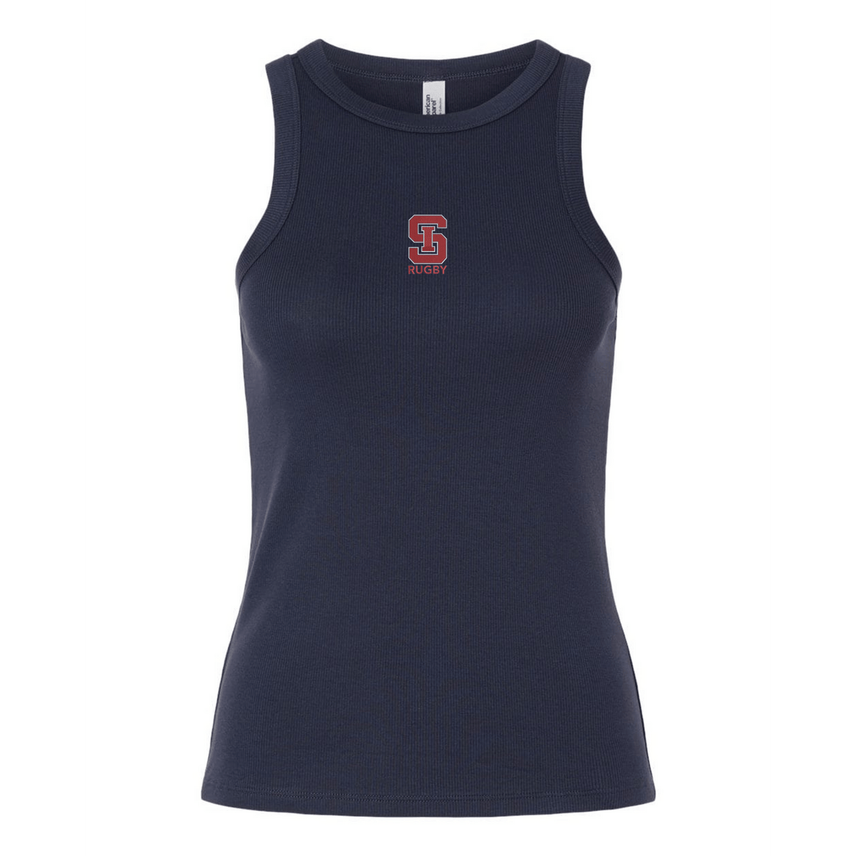 The EMB S&S Activewear Women's St. Ignatius Rugby Baby Rib Tank features a navy blue ribbed design and a small red and white "SD Rugby" logo on the chest, perfect for showing St. Ignatius spirit. Displayed on a plain white background.