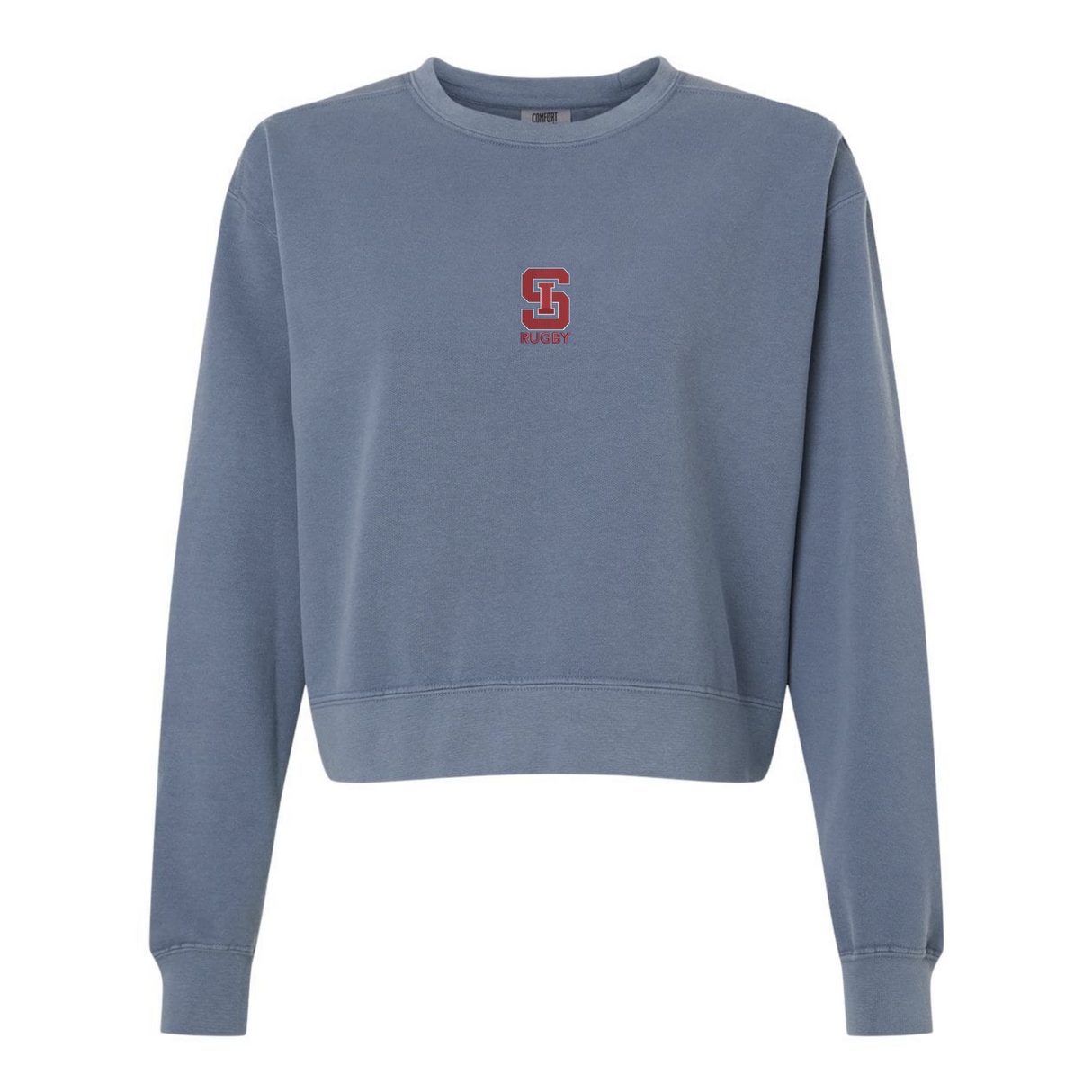 Blue sweatshirt with a red logo on a white background