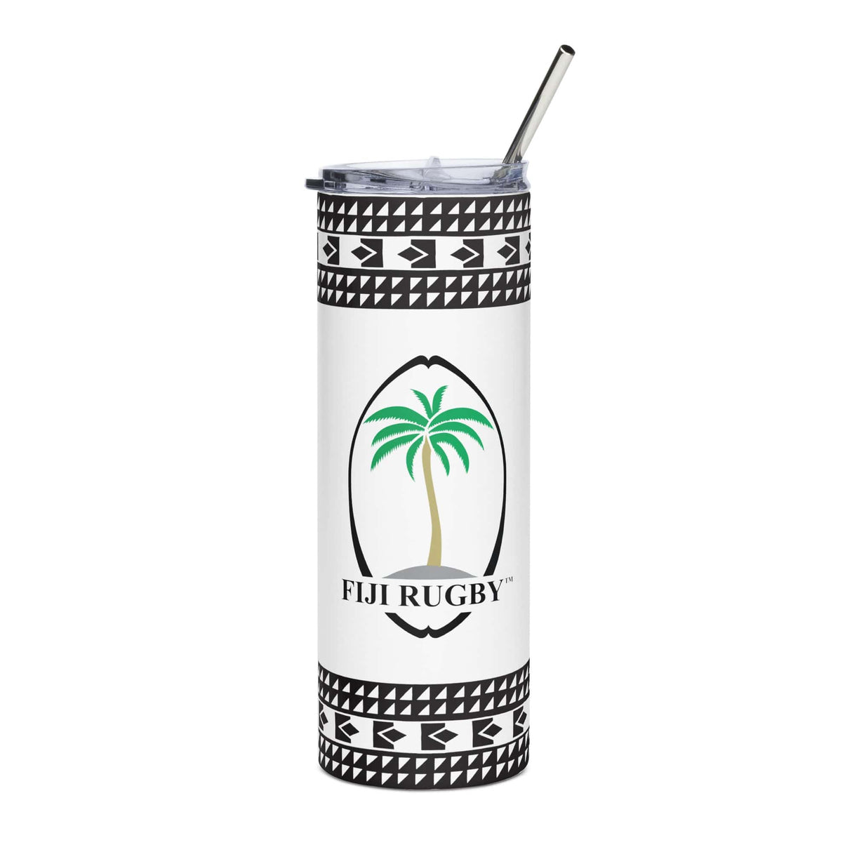 A Fiji Throwback White Stainless Steel Tumbler featuring a stainless steel construction with a palm tree design, made by PF LIC.
