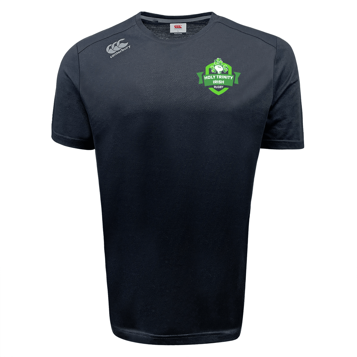 The Holy Trinity Rugby WRS Canterbury Tempo Vapodri T-Shirt is a black t-shirt with a green logo on it. It features moisture-wicking technology, making it perfect for active individuals. Available from Canterbury V.