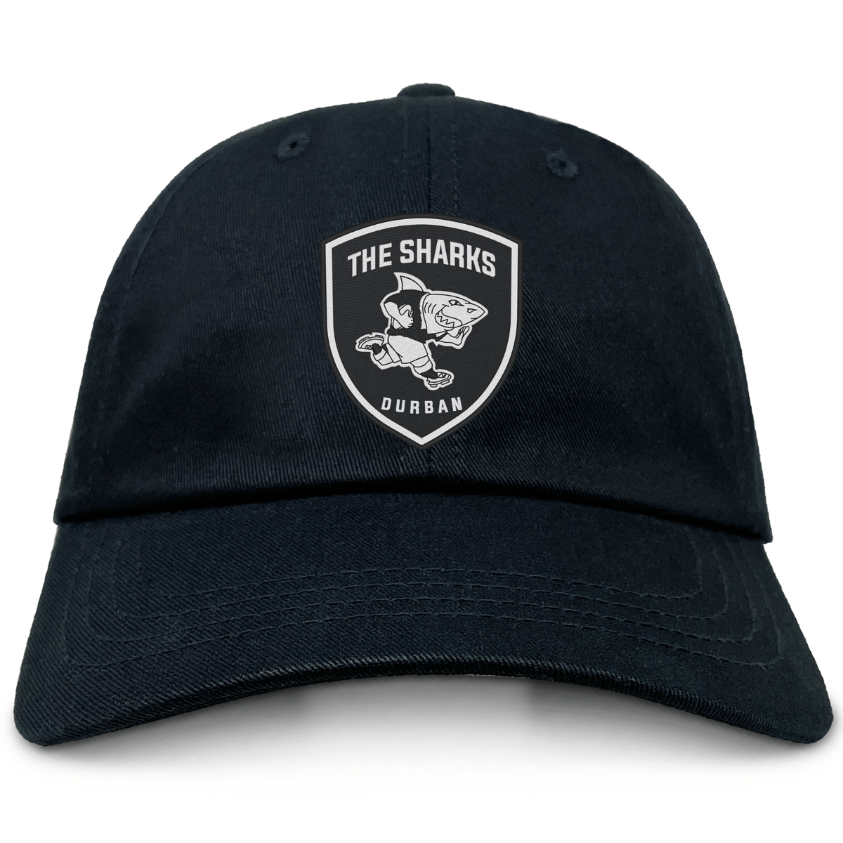 The Sharks Crest Cotton Twill Dad Cap by EMB S&S Activewear features an embroidered "The Sharks Durban" logo with a shark graphic, perfect for South African rugby fans.