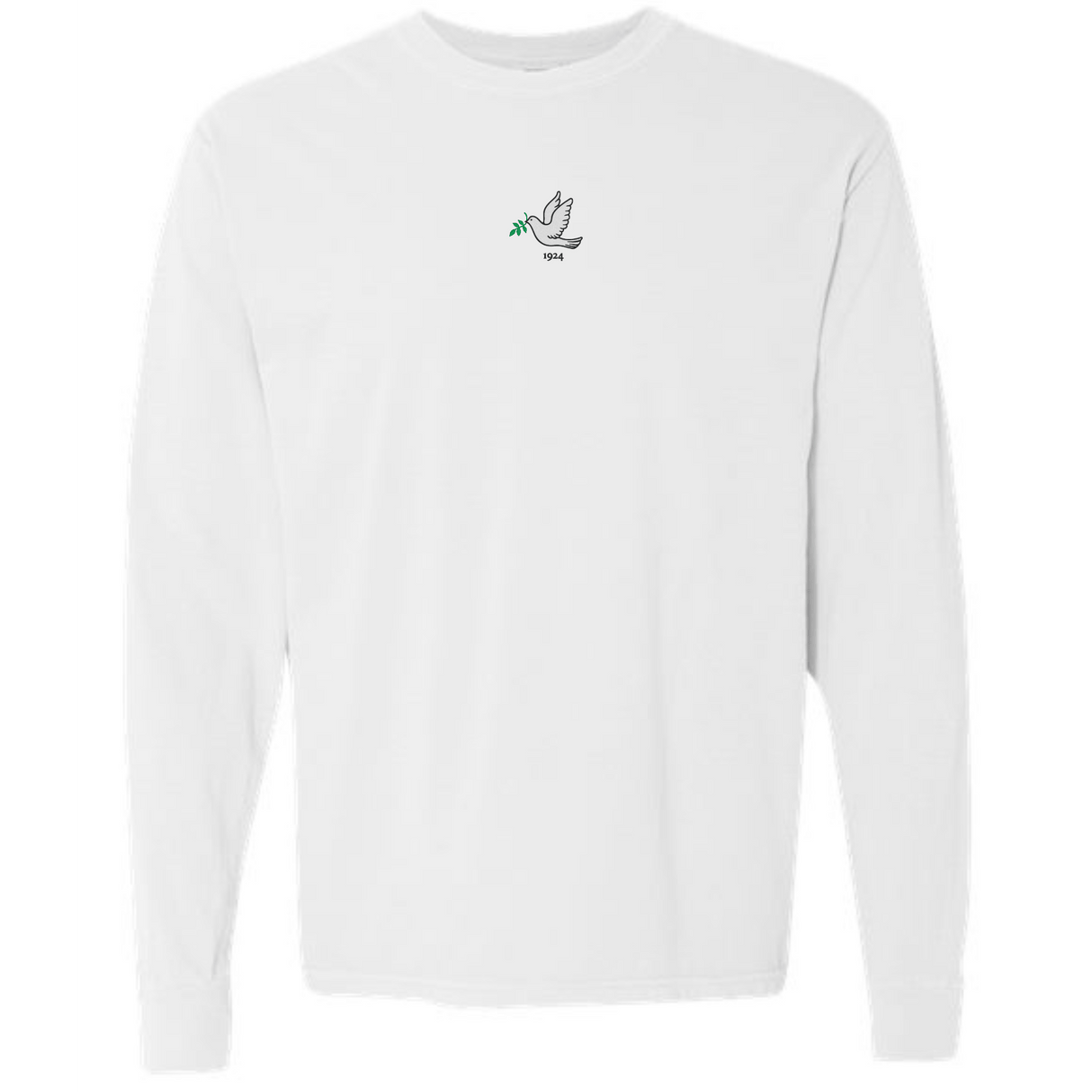 The Tonga Vintage Long Sleeve Comfort Tee by EMB S&S Activewear features a white design with a small bird and green twig graphic above "1944" on the chest, inspired by classic Tonga Vintage style.