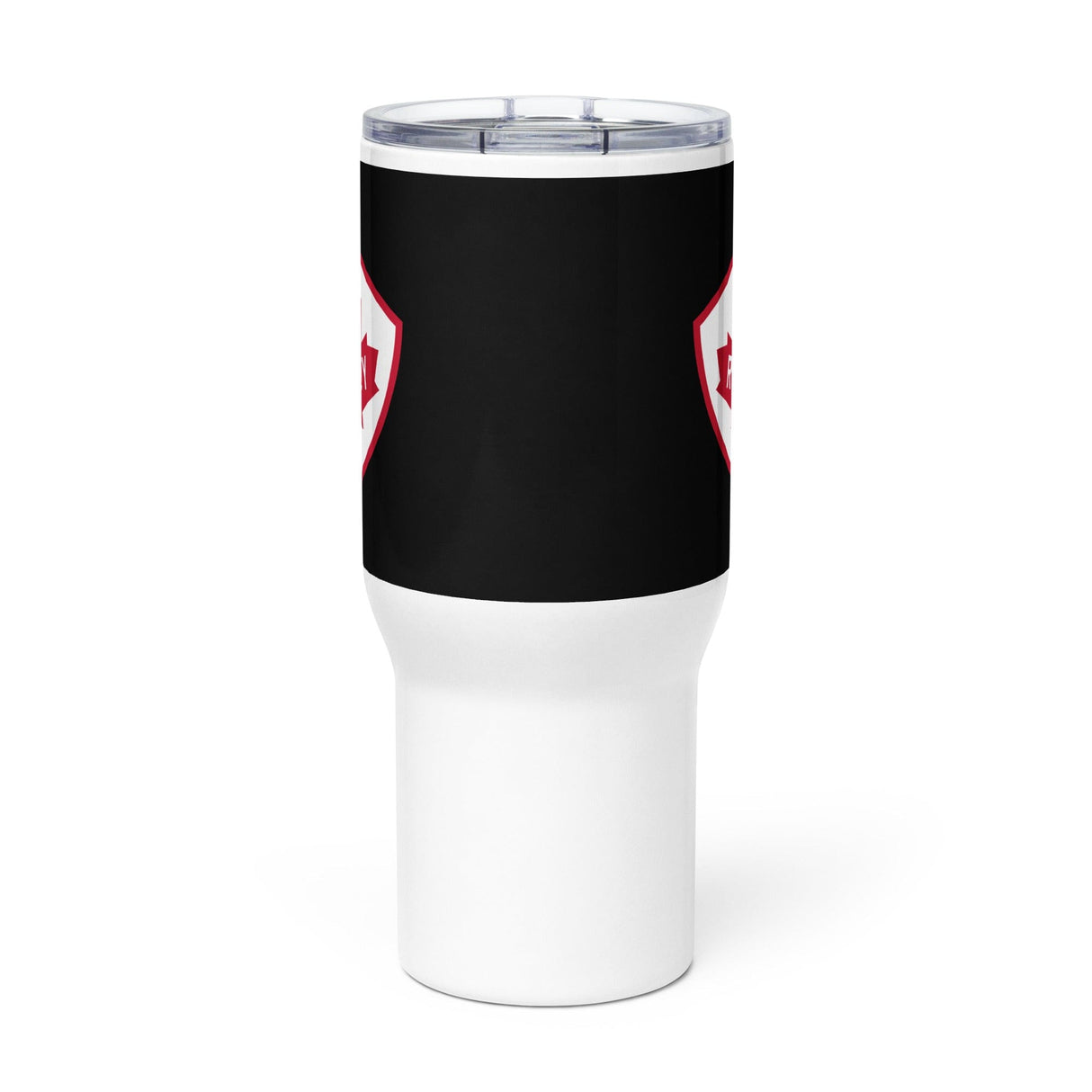 A spill-proof stainless Rugby Canada Travel Mug With Handle with a black and red PF LIC logo.