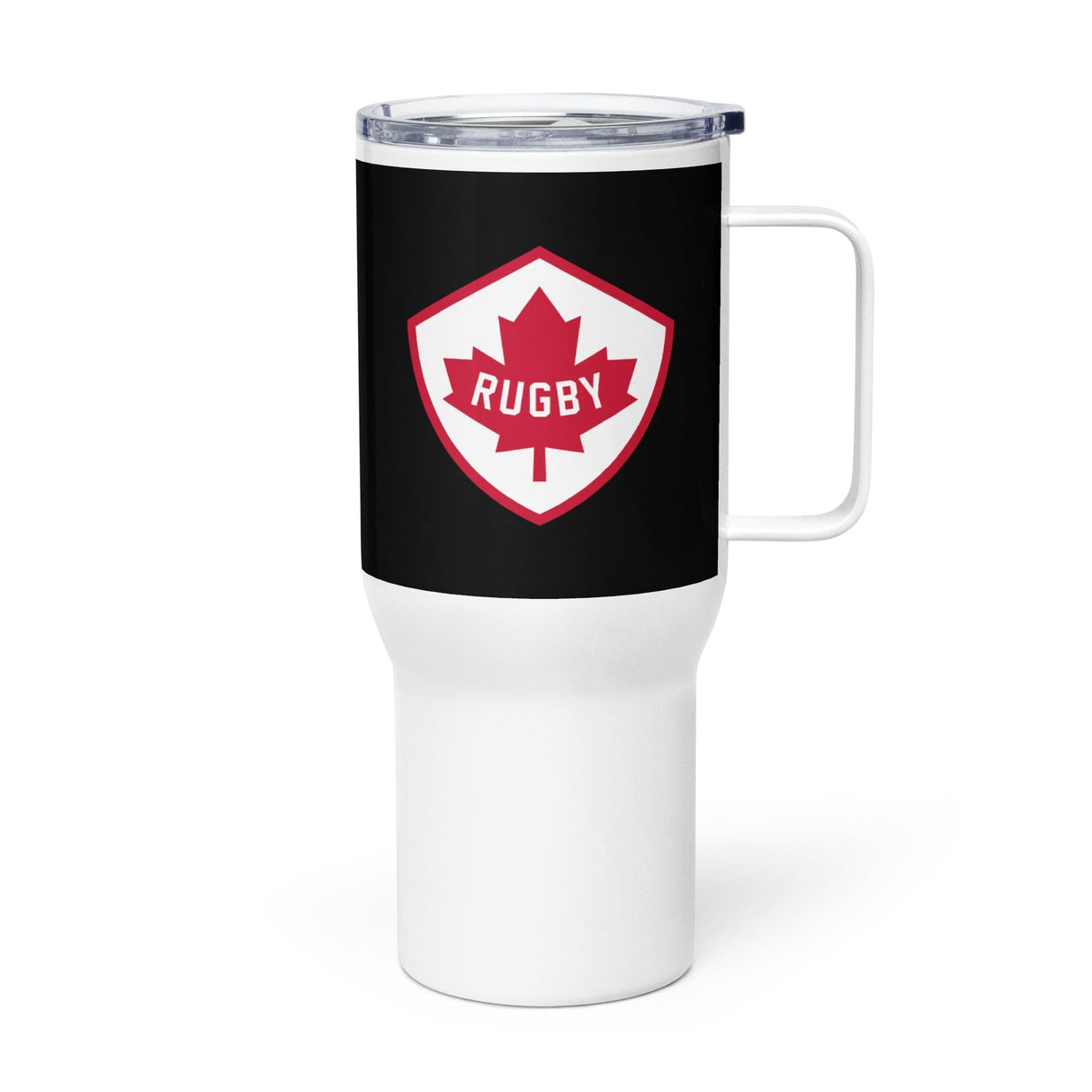 A white and black PF LIC Rugby Canada Travel Mug With Handle with a logo on it.