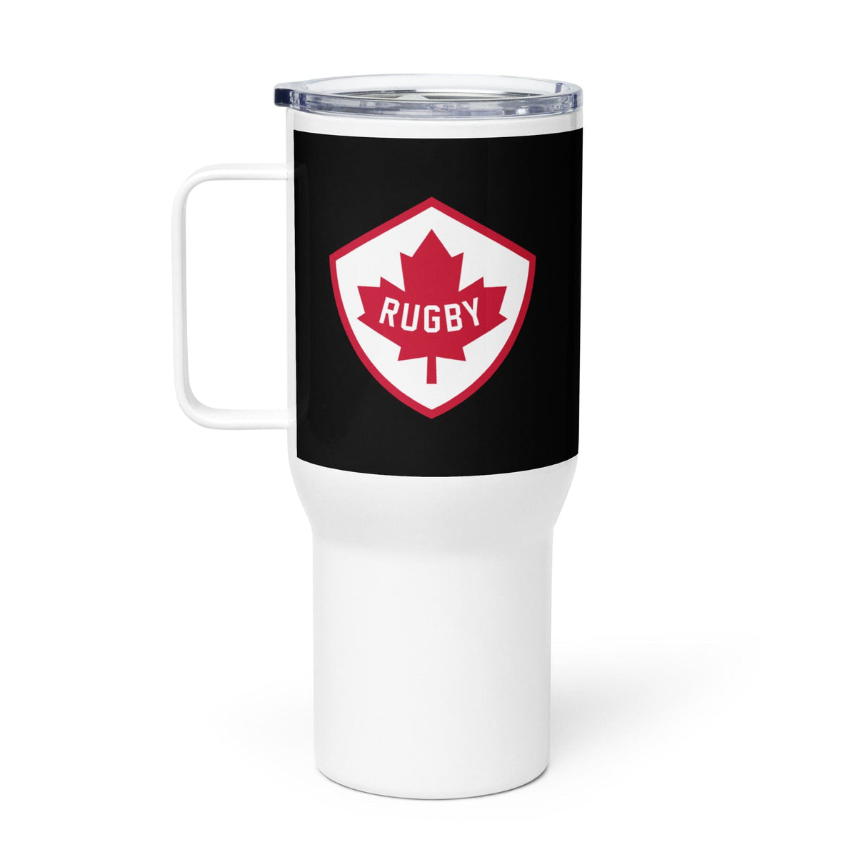 A white and black stainless Rugby Canada Travel Mug With Handle with the PF LIC logo on it.