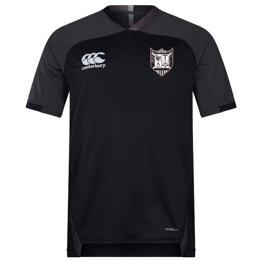 The Troy University Rugby Vapodri Evader Jersey by Canterbury, in black and dark gray with a collar, features a white logo on the left chest and an EMB Canterbury logo on the right. This jersey is enhanced with moisture-wicking technology to ensure optimal comfort during intense activities.
