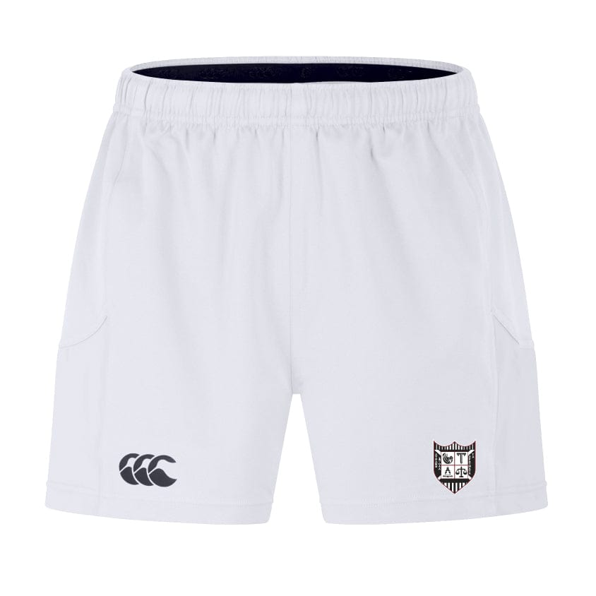 The Troy University Rugby Advantage Short 2.0 by EMB Canterbury showcases white sports shorts designed for peak performance, featuring a logo on the left leg and a brand symbol on the right. Crafted with recycled materials, these shorts seamlessly blend sustainability and style.