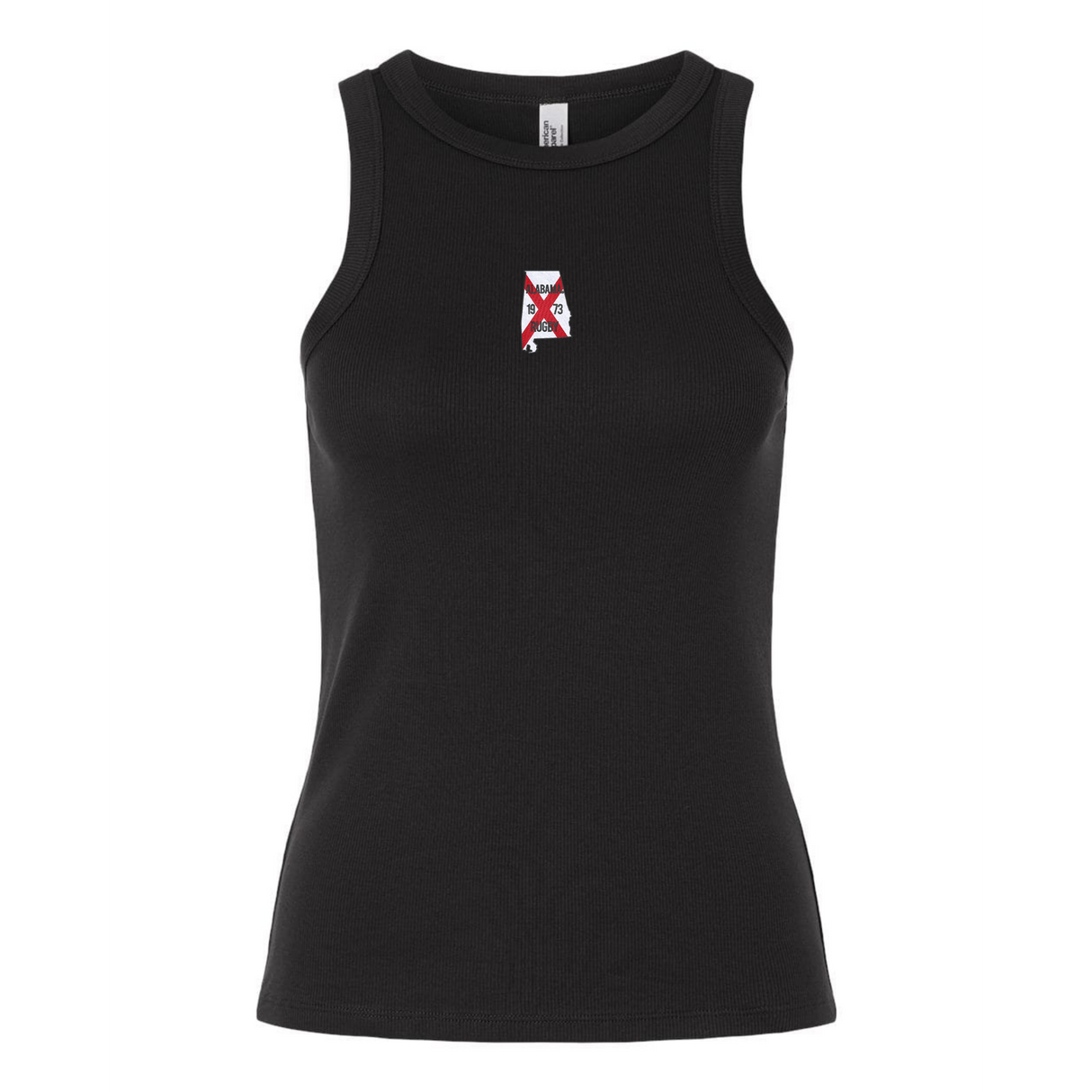 Show your team spirit with the Women's University of Alabama Rugby Baby Rib Tank by EMB S&S Activewear, a black sleeveless top featuring a small red and white "A" logo centered on the chest.