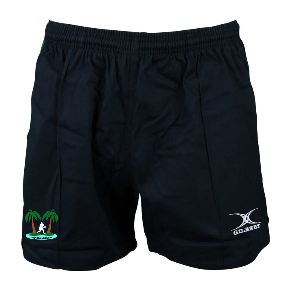 The Twin Island Rugby Kiwi Pro Rugby Shorts by EMB Gilbert are black athletic shorts featuring an elastic waistband, with a palm tree and wave logo adorning one leg. The "GILBERT" logo is prominently displayed on the other, making them perfect for fans of Gilbert rugby shorts.