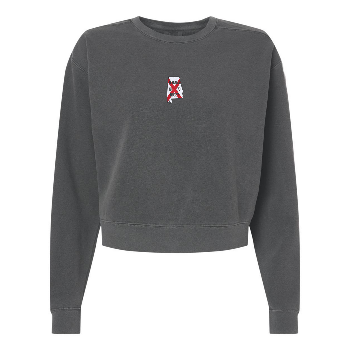 The EMB S&S Activewear Women's University of Alabama Rugby Mid-Length Crewneck Sweatshirt features a charcoal gray color and a small red and white geometric chest design inspired by classic rugby styles.
