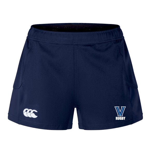 Navy blue Villanova Rugby Women's Advantage Short 2.0 by EMB Canterbury showcases white logos on each side, "Rugby" text with a "V" emblem on the right, combining performance and sustainability through recycled content.