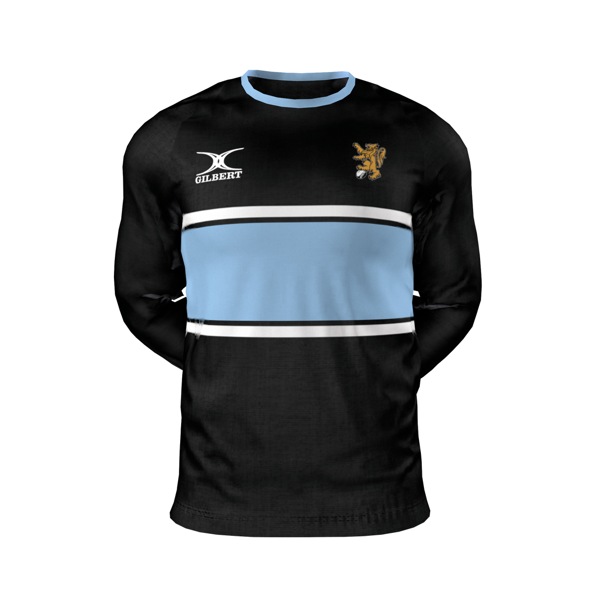 Columbia Business Gilbert LS Training Tee: a long-sleeved black training shirt with a light blue horizontal chest stripe, the Gilbert logo on the right chest, and a lion crest on the left.