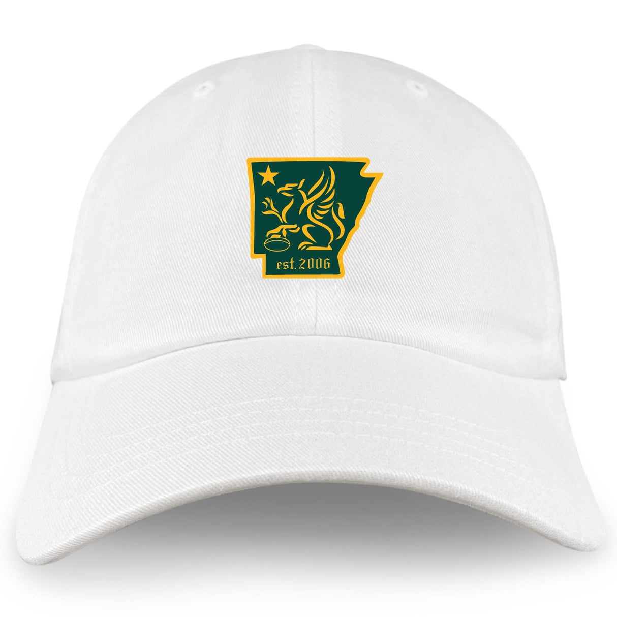 The Arkansas Gryphons Adult Low-Profile Cotton Twill Dad Cap by EMB S&S Activewear features a white cotton twill build with a green and yellow embroidered emblem—star, griffin, and "est. 2006"—on the front.