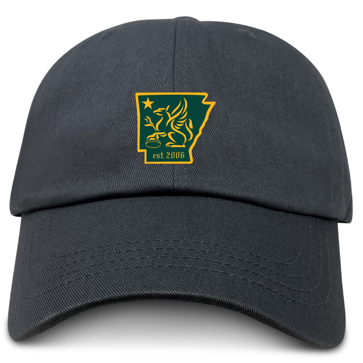 The EMB S&S Activewear Arkansas Gryphons Adult Low-Profile Cotton Twill Dad Cap is black with a green and yellow patch on the front, featuring an Arkansas outline, griffin, star, and "est. 2006" embroidery.
