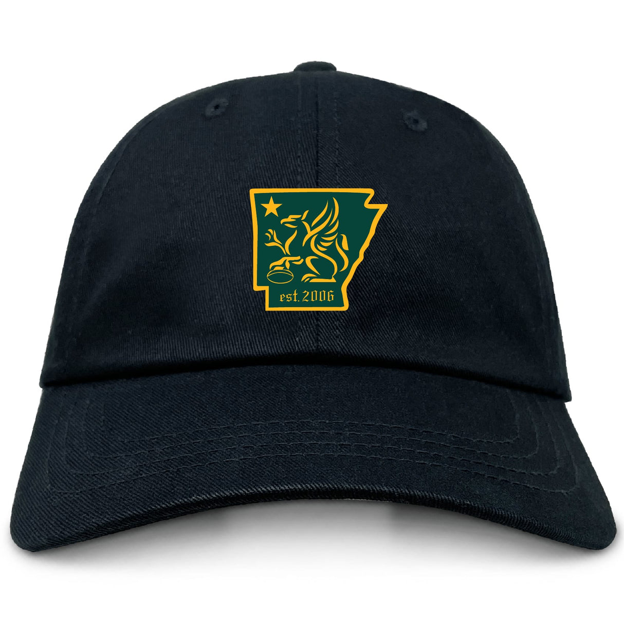 The EMB S&S Activewear Arkansas Gryphons Adult Low-Profile Cotton Twill Dad Cap features black twill, a yellow and green Arkansas emblem with a Pegasus and star, embroidered team branding, and "est. 2006" on the front.