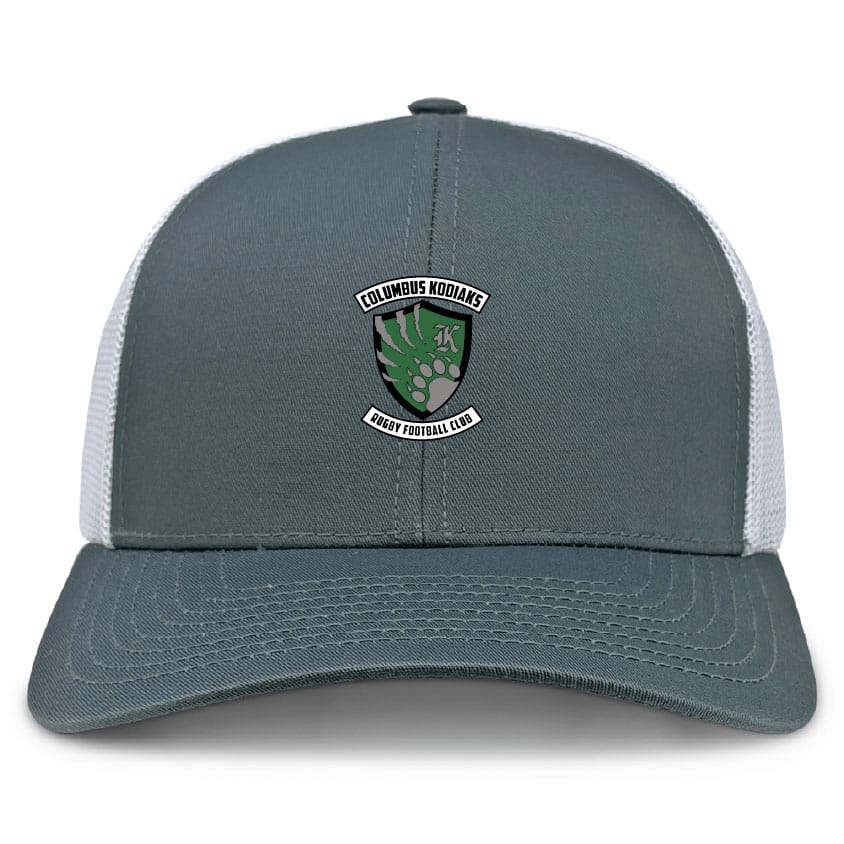 The Columbus Kodiaks Retro Trucker Cap by EMB S&S Activewear features a gray and white mesh back design, an embroidered green Beast Football Club logo on the front, and an adjustable snapback closure.