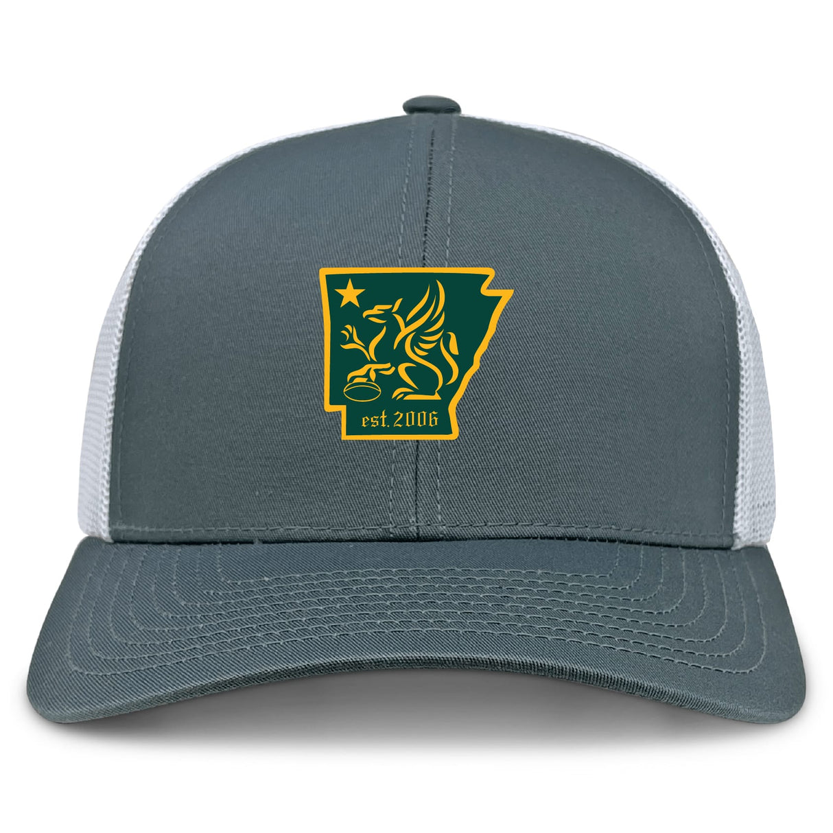 The Arkansas Gryphons Retro Trucker Cap by EMB S&S Activewear is a gray and white trucker hat with an embroidered yellow and green griffin patch inside Arkansas’s outline, a star, "est. 2006" text, and an adjustable snapback closure.