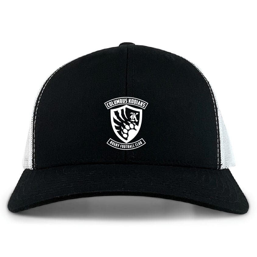 The Columbus Kodiaks Retro Trucker Cap by EMB S&S Activewear features a black and white design with the Rugby Football League logo embroidered on the front panel.