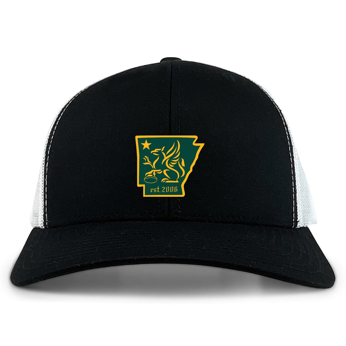 The EMB S&S Activewear Arkansas Gryphons Retro Trucker Cap features a black and white design with an embroidered yellow and green Arkansas emblem, stylized animal, star, "est. 2006" text, and an adjustable snapback closure.