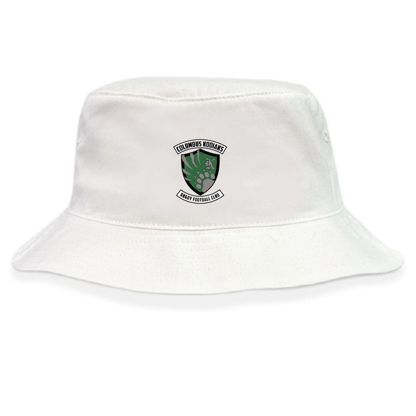 The Columbus Kodiaks Crusher Bucket Cap by EMB S&S Activewear is made from cotton twill, features a green and black Colombes Kouras badge, and “Passé, Présent, Futur” text for stylish sun protection all day.