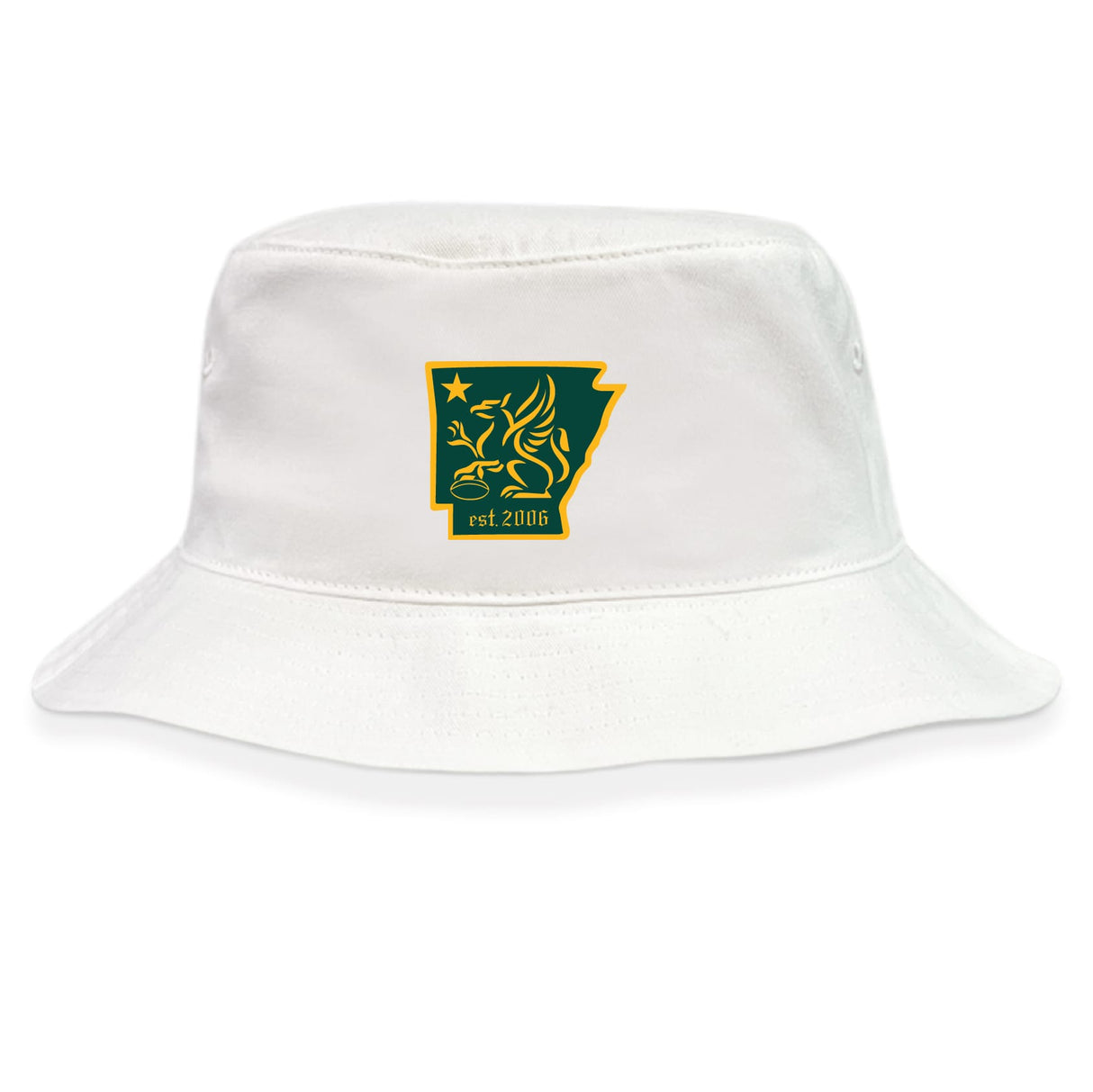 The Arkansas Gryphons Crusher Bucket Cap by EMB S&S Activewear is a white cotton twill hat with a green and yellow Arkansas silhouette logo, lion, star, and "est. 2006" text—stylish sun protection for any occasion.