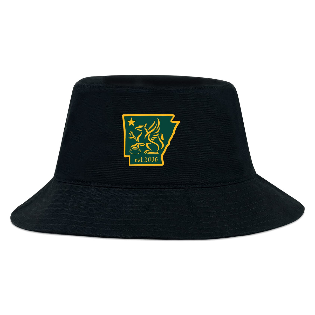 The Arkansas Gryphons Crusher Bucket Cap by EMB S&S Activewear is a black cotton twill hat with a yellow and green emblem featuring a winged creature, Arkansas outline, star, and "est. 2006"—ideal for stylish sun protection.